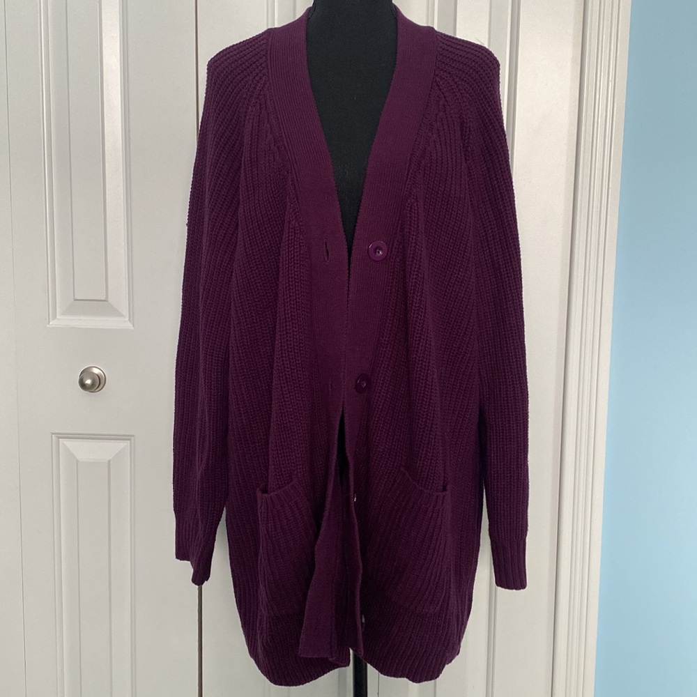 Woman Within 2X 26/28 Cable Knit Woven Purple Button Up Cardigan With Pockets - Picture 3 of 10